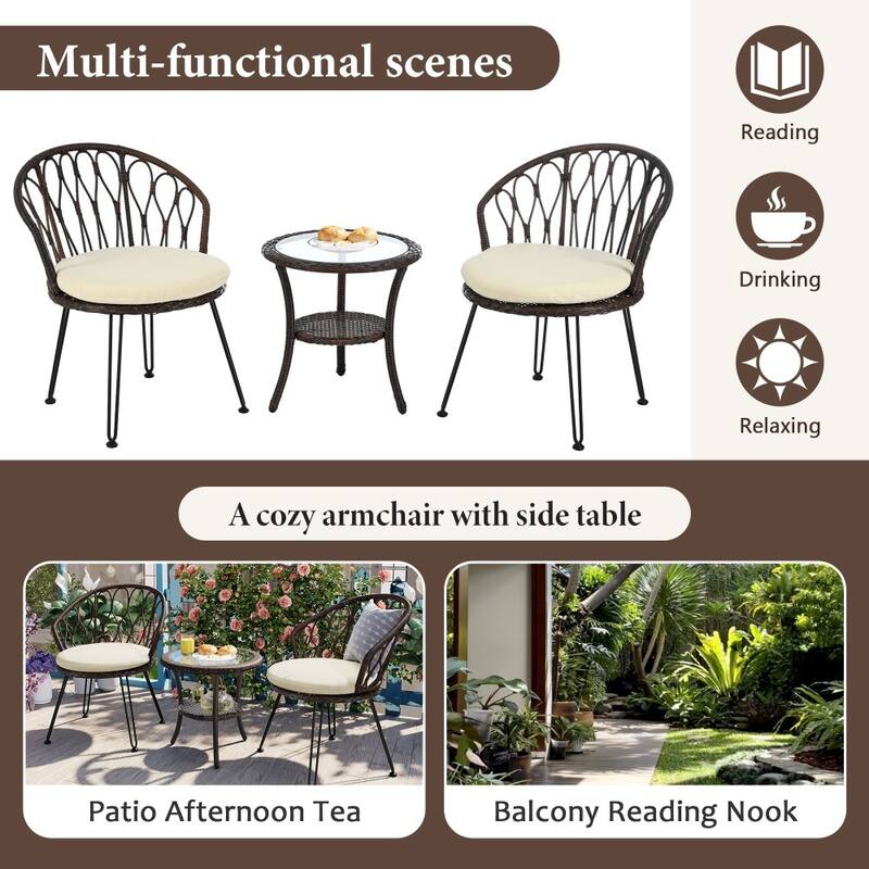 Modern Outdoor Rattan Single Chairs with A Glass Round Table(Set of 2)