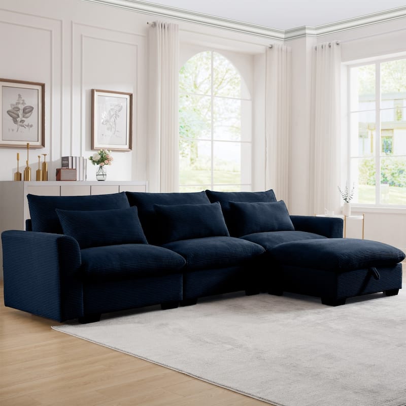 122" Modular Corduroy Sectional Sofa with Storage Ottoman for Living Room - Blue