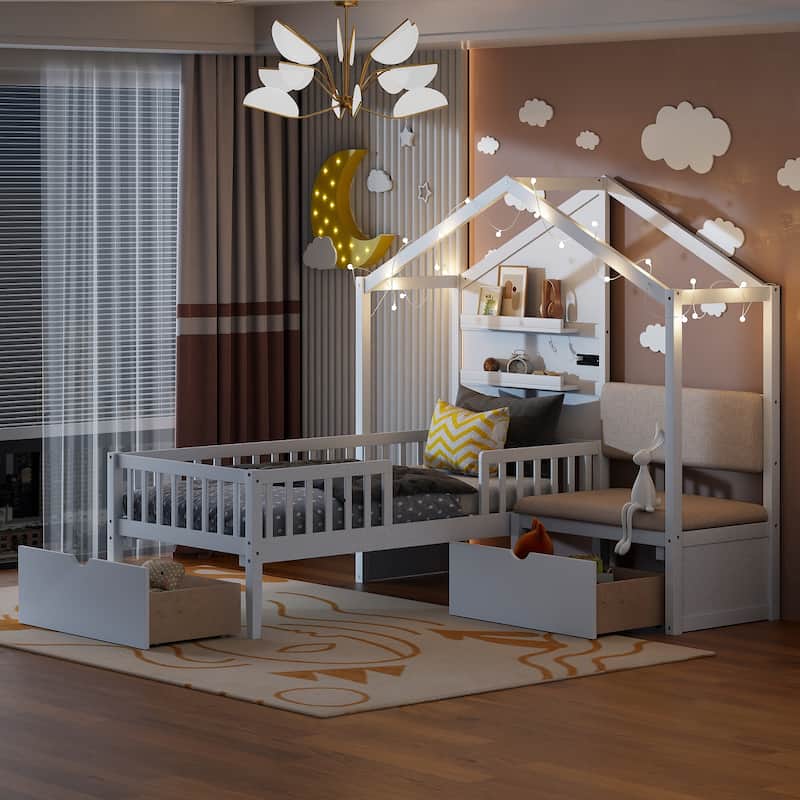 Twin House Bed with Sofa and Charging