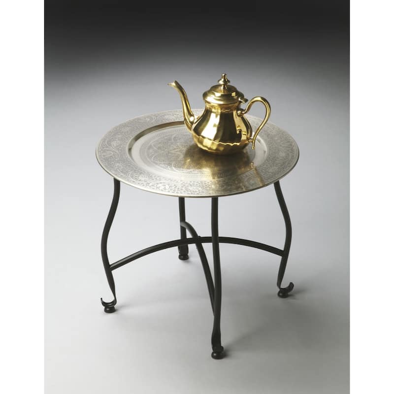 Rustic 14" Round Aluminum Top End Table with Black Iron 4-Leg Base for Living Room or Bedroom - 14"H x 16"W x 16"D
