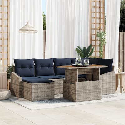 vidaXL 7 Garden Sofa Set with Cushions Black/Grey Poly Rattan - 91.9 x 48.6 x 27.2