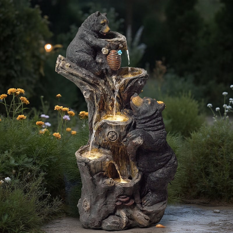 Vbal Resin Bears and Honeycomb 4-Tier water extraction Outdoor Fountain with LED Light