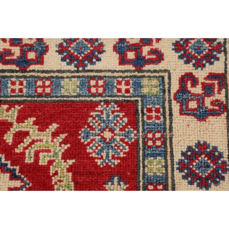 Geometric Red Kazak Foyer Rug Hand-Knotted Traditional Wool Carpet - 2'8" x 4'1"