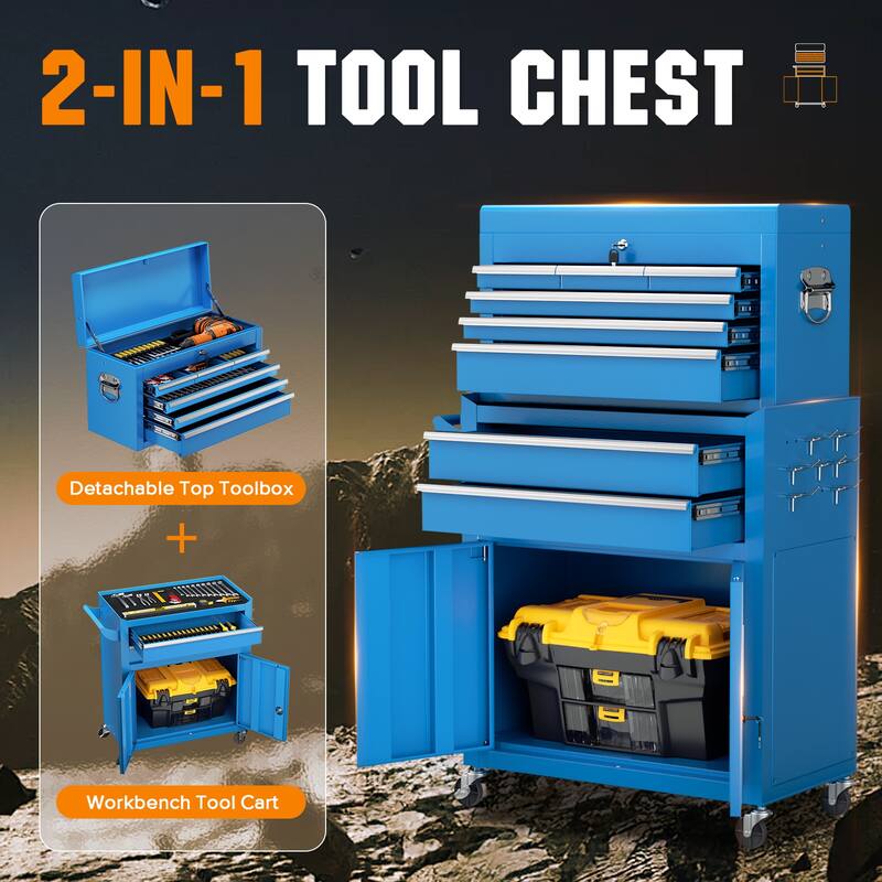 8-Drawer 2 in 1 Rolling Tool Chest Cabinet Garage Storage Toolbox with Detachable Top Tool Box and Universal Lockable Wheels