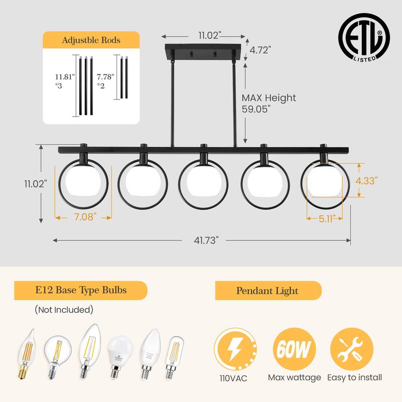 41 Inch Chandelier Light Fixture with Milk Glass Shade -- 5-light
