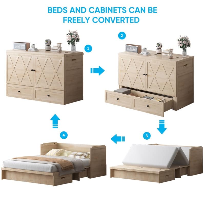 Mixoy Queen Size Murphy Bed with Charging Station & Storage Drawer,Space-Saving Design,Optional Mattress