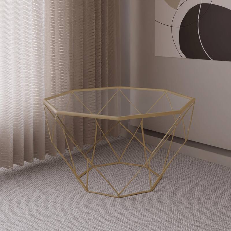Malibu 29" Modern Octagon Center Coffee Table with Tempered Glass Table top & Sturdy Metal Geometric Base for Living Room Office