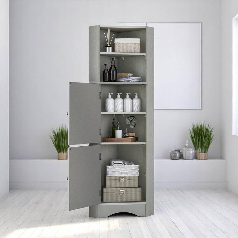 Freestanding Bathroom Corner Storage Cabinet with 2 Doors, Adjustable Shelves, Waterproof MDF, Triangle Design