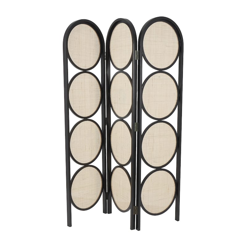 Wooden Geometric Handmade Arched Foldable 3 Panel Room Divider Screen with Woven Circular Cutouts - Black - Roche River Decor