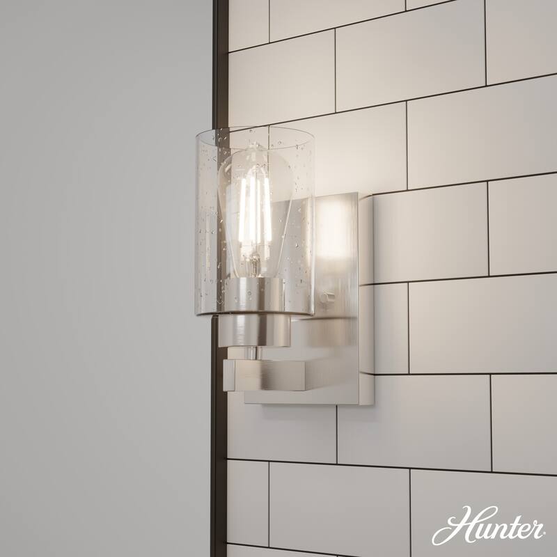 Hunter Hartland 1 Light Wall Sconce - Hallway, Bathroom, Bedside - Round, Clear Seeded Glass - Modern, Transitional - Damp-Rated - Brushed Nickel