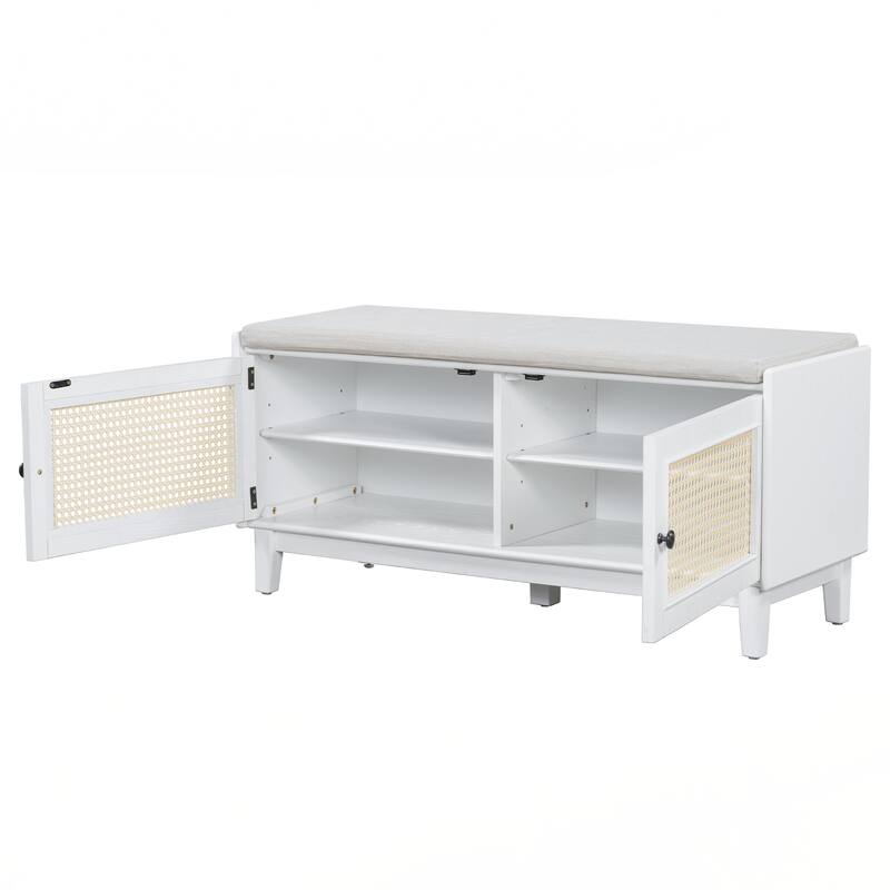Rattan Entryway Bench with Storage, Cushioned Shoe Bench with Double Doors
