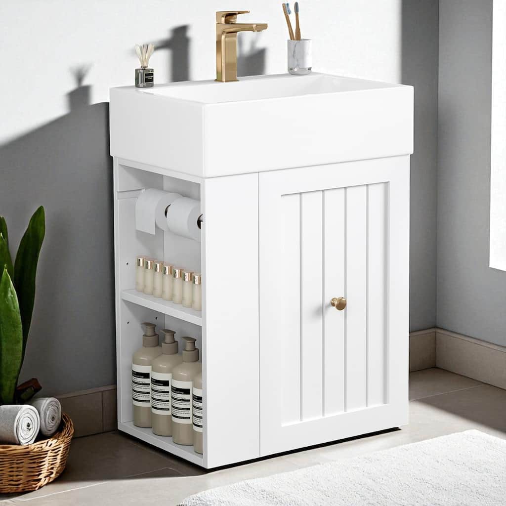 20 Inch Wall Mounted Bathroom Vanity with Ceramic Sink, MDF Floating Cabinet with Drawer and Side Shelf