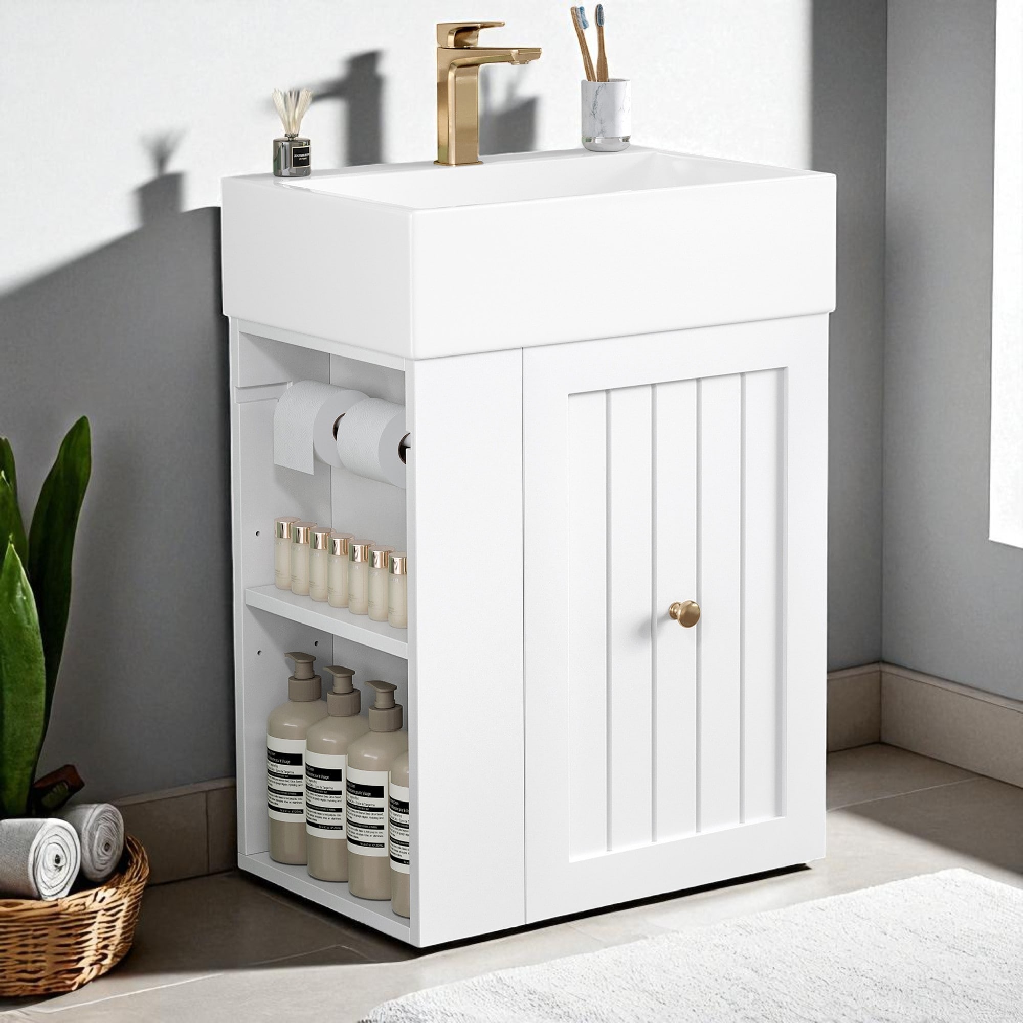 20 Inch Wall Mounted Bathroom Vanity with Ceramic Sink, MDF Floating Cabinet with Drawer and Side Shelf
