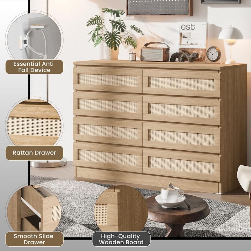 Rattan Dresser for Bedroom, Closet, Wooden Dresser with 8 Drawers, Modern Chest of Drawers with Large Storage