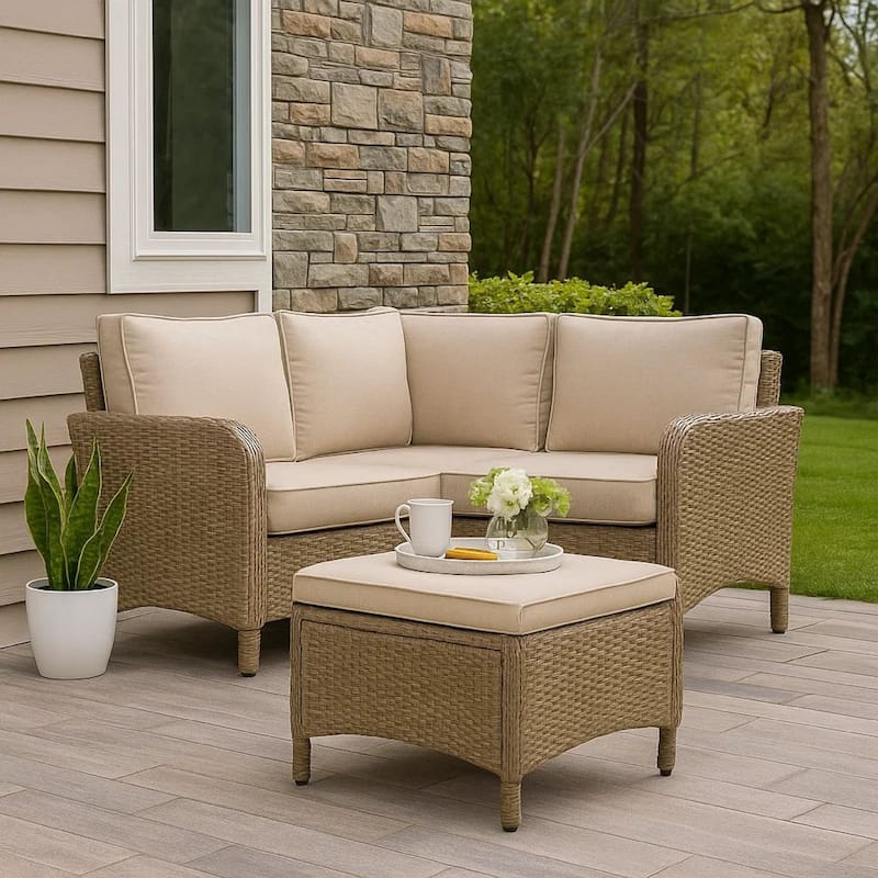 Ankia 21 Inch Outdoor Square Ottoman, Set of 2, Beige Fabric, Faux Wicker