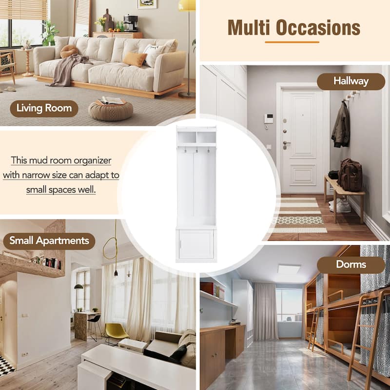 Narrow Hall Tree with Storage Shelves and 6 Hanging Hooks, Entryway Coat Rack with Integrated Bench Seat