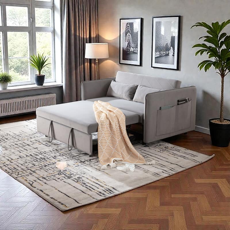 3 in 1 Convertible Sleeper Sofa Bed, Velvet Futon Loveseat with Pull Out Bed, Adjustable Backrest and Side Pockets