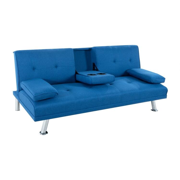 Futon Sofa Bed Couch with Armrest & Cupholders, Faux Leather Sofa Bed Couch Convertible Folding Reclining Small Couch