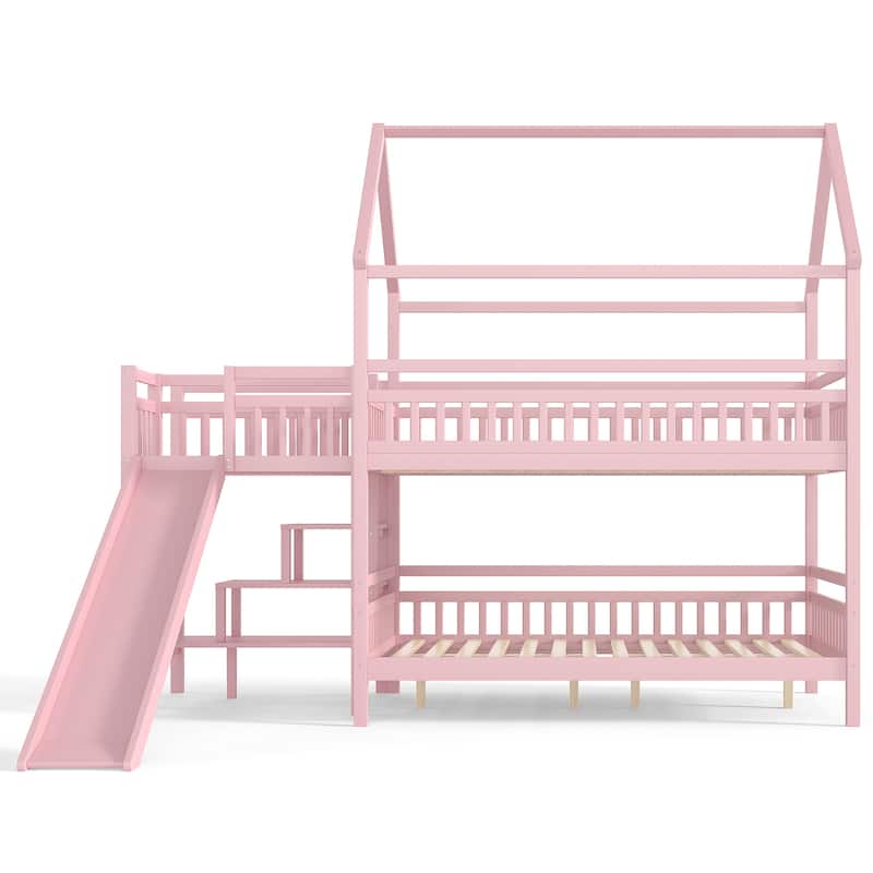 Full/Twin House-Shaped Bunk Bed with Slide & Storage Stairs, Playhouse Bed with Two Placement Methods