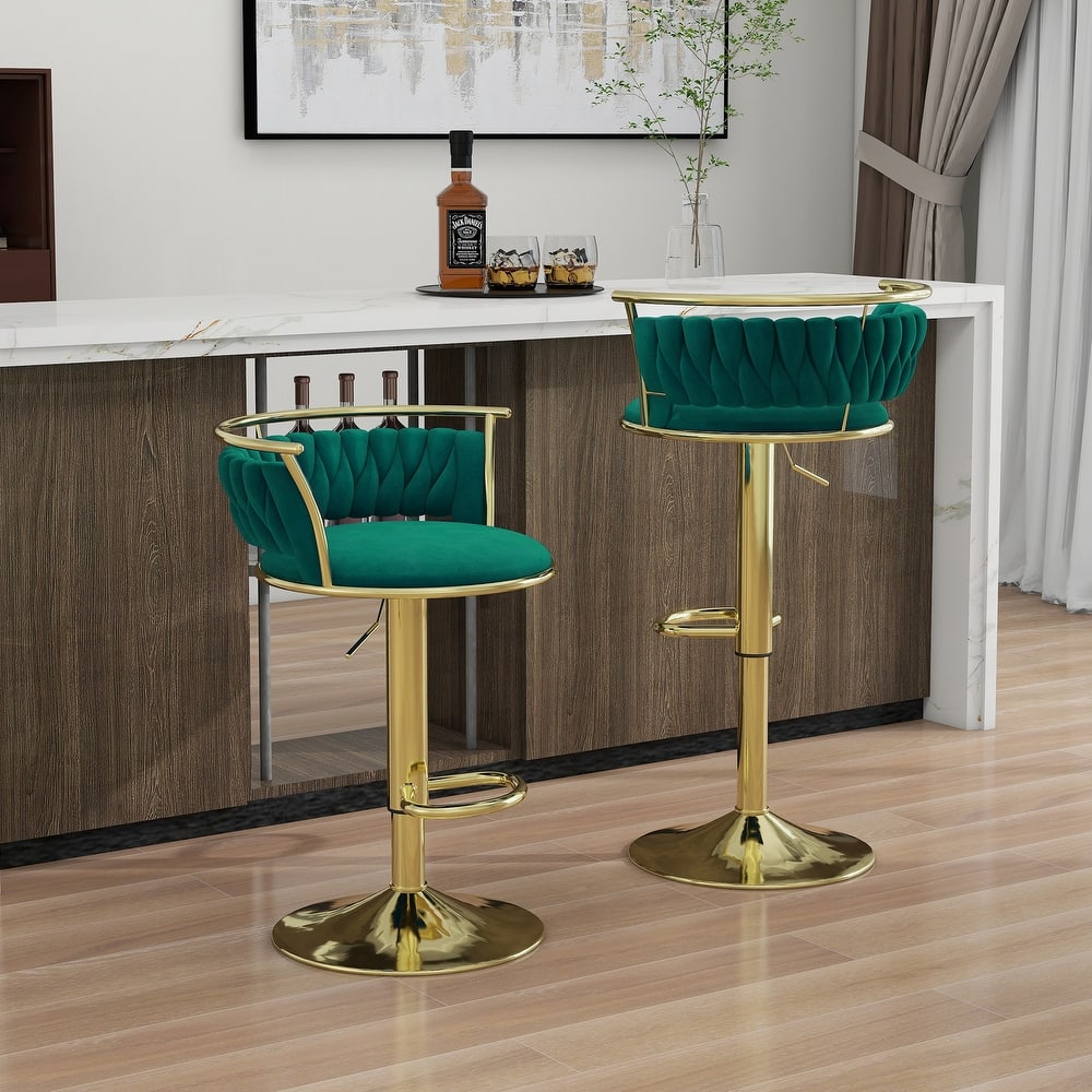 2 Set Velvet Swivel Adjustable Bar Stools with Footrest