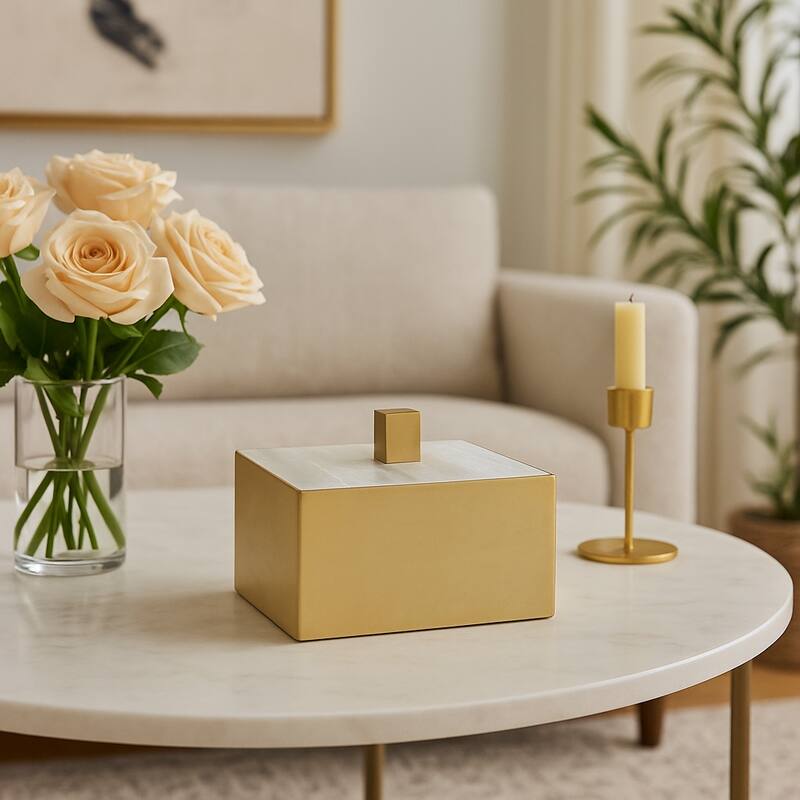 Stone Metal Decorative Box Square Selenite Stainless Steel Modern Glam - 6" x 6" x 4" - White/ Gold - 6" x 6" x 4"