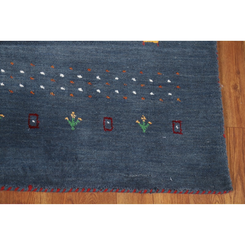 Blue Tribal Gabbeh Indian Accent Rug Hand-Knotted Wool Carpet - 4'1" x 5'10"