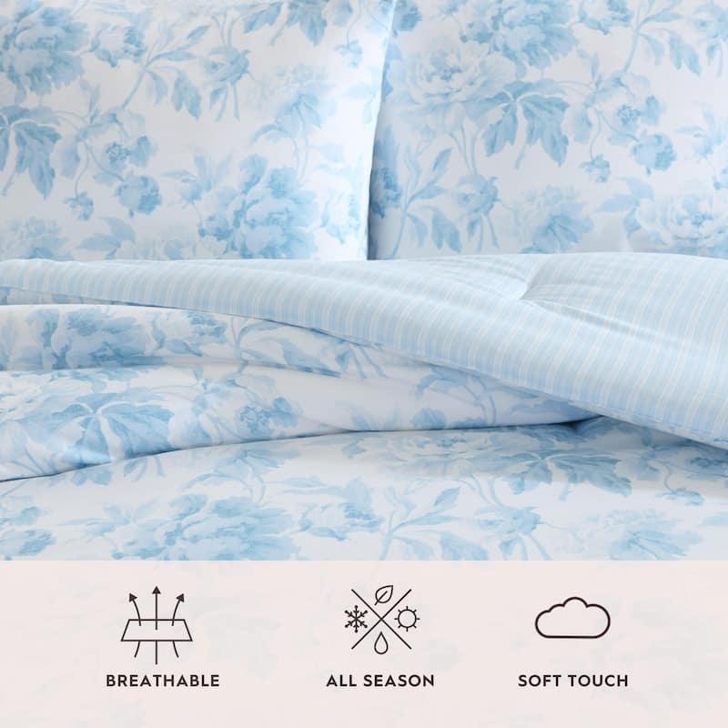 Laura Ashley Anja Textured Toile Reversible Blue Comforter Bonus Set