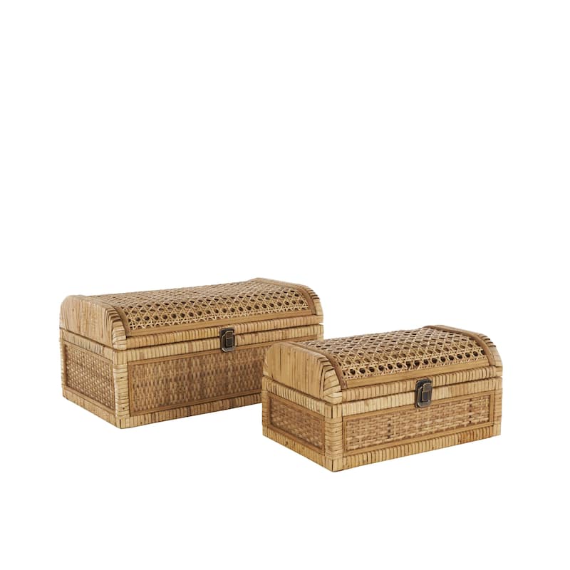 Rattan Handmade Woven Storage Decorative Box with Curved Tops and Wrapped Edges - Set of 2 Brown - Roche River Decor