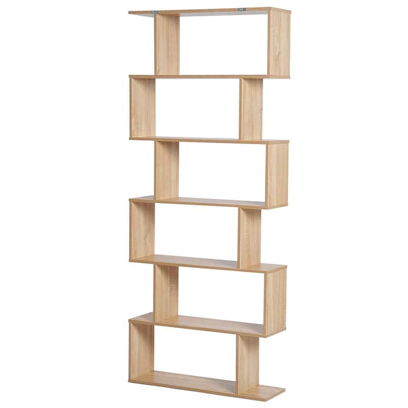 HOMCOM 75.5" H Bookcase 6 Shelf S-Shaped Bookshelf Wooden Storage Display Stand Shelf Organizer Free Standing Oak
