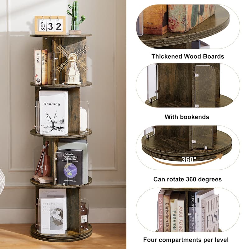 VECELO 5-Tier Rotating Bookcase 7.18" Bookends 50.39" Tall Space-Saving Design for 80-100 Books Bookcase