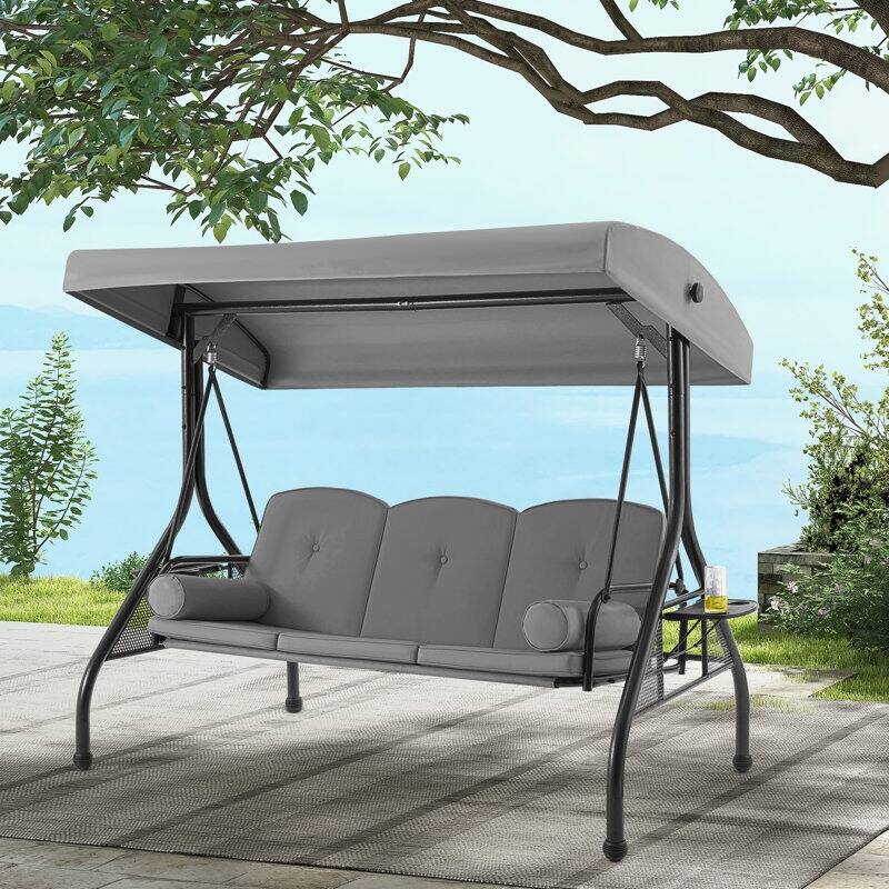 Outdoor 3-Seat Porch Swing with Adjustable Canopy & Cup Holder,Porch Swing Glider Chair, Heavy-Duty Steel Frame