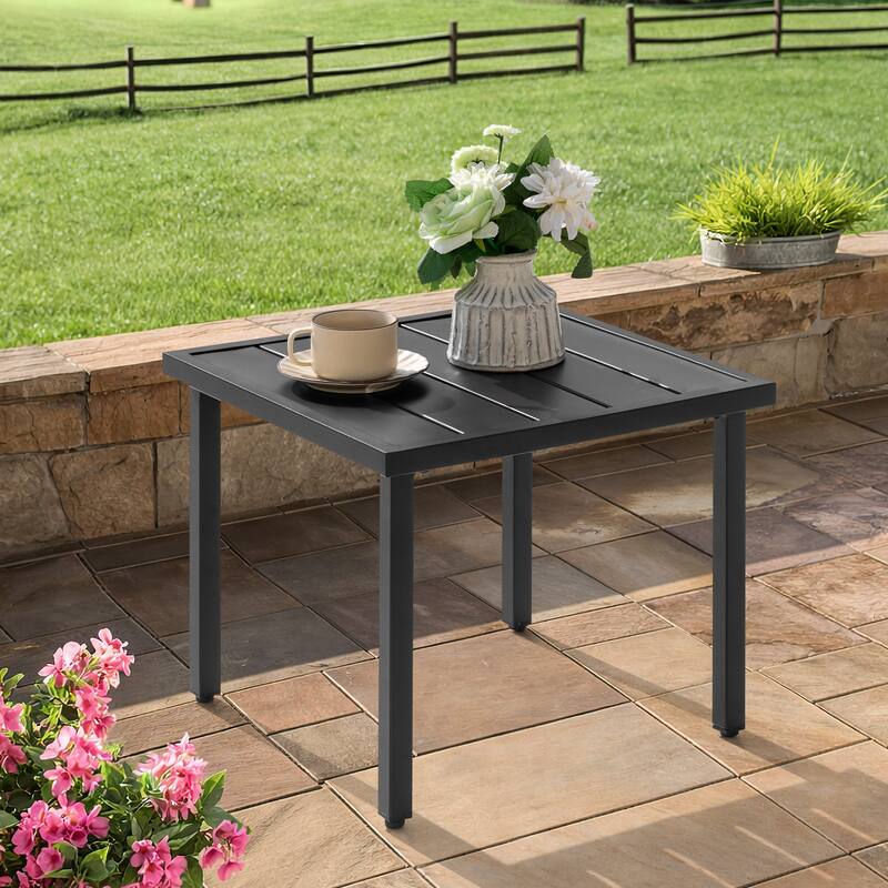 Metal Outdoor Side Table with Slatted Tabletop, Powder-Coated Frame
