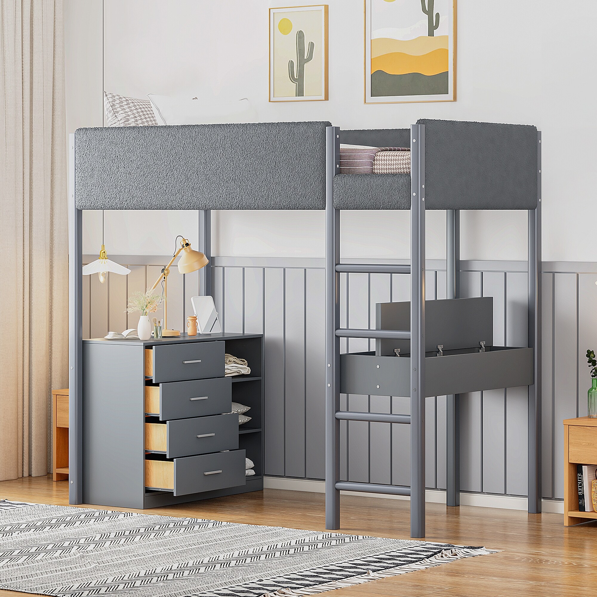 Twin Size Loft Bed with Foldable Desk, Storage Drawers and Shelf