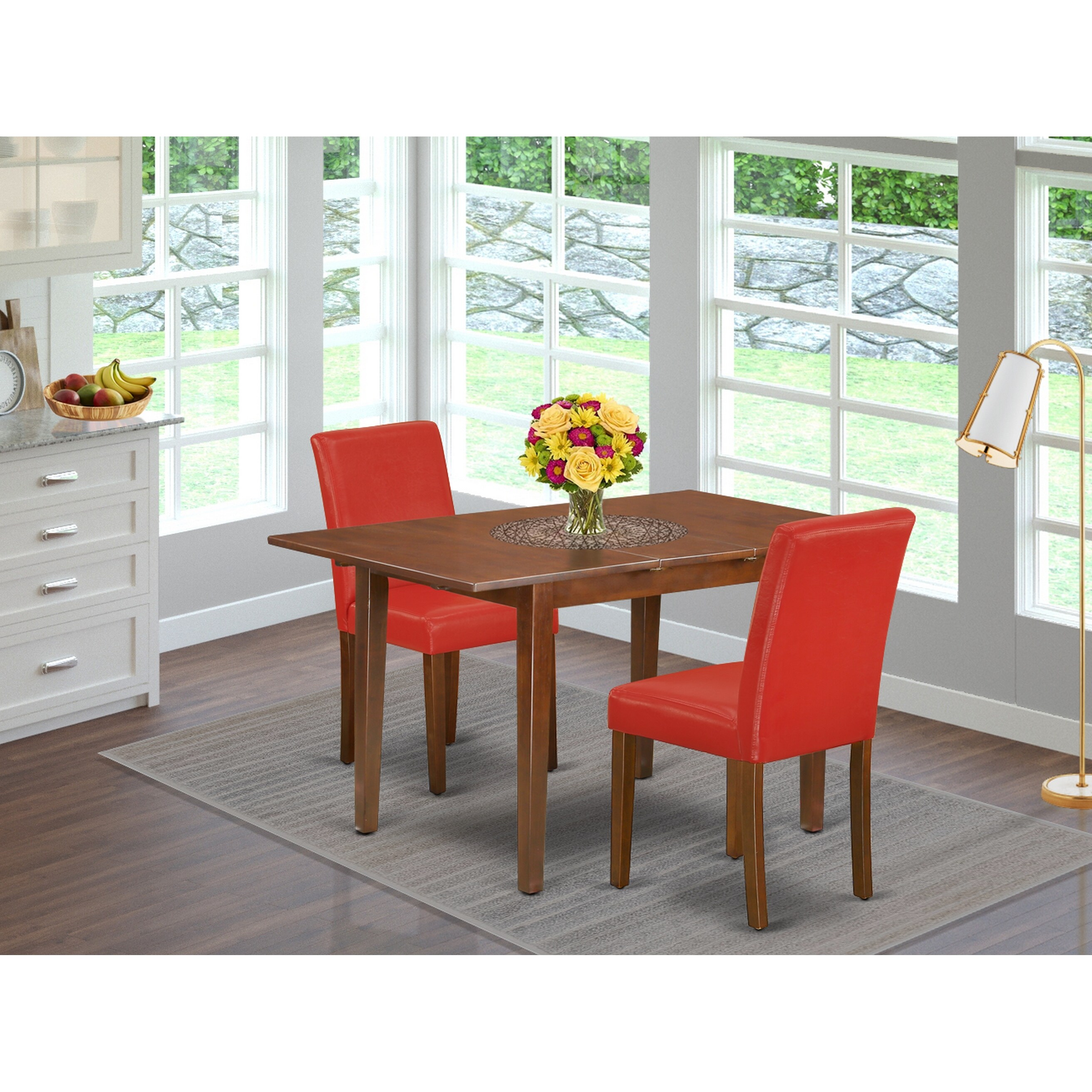 Dinng Set - Rectangle 42/54 Inch Table and Parson Chairs in Firebrick Red  PU Leather - Mahogany Finish (Pieces Option)