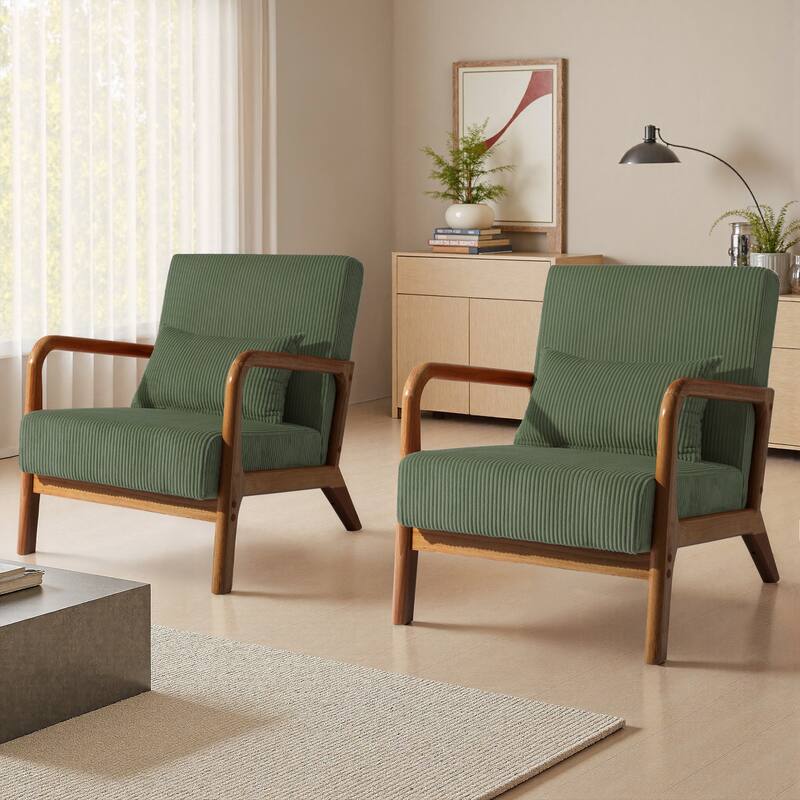 Modern Corduroy Upholstered Accent Chair with Wood Legs Set of 2 - Brown Frame - Gray Green/Natural