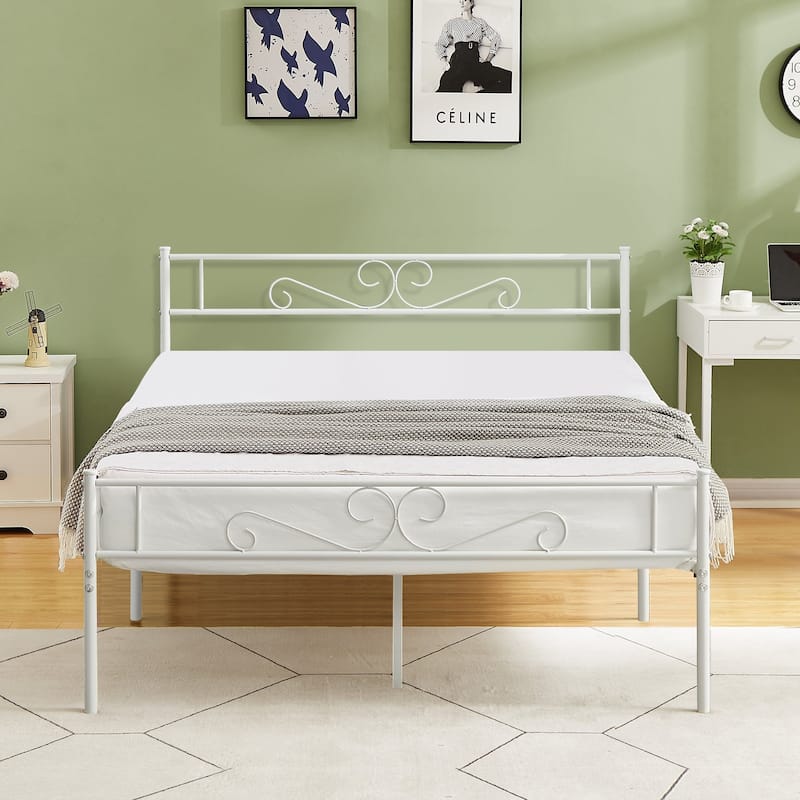 Javlergo Victorian Style Modern Metal Platform Bed Frame with Headboard and Footboard No Box Spring Needed - White - Queen