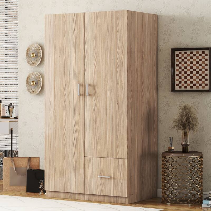 Wooden Floor Wardrobe with Double Doors, Modern Armoire with 5 Fixed Shelves, Storage Drawer Built-in Hanging Rod for Bedroom