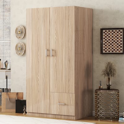 Wooden Double Doors Wardrobe with 5 Shelves, Drawer and Hanging Rod