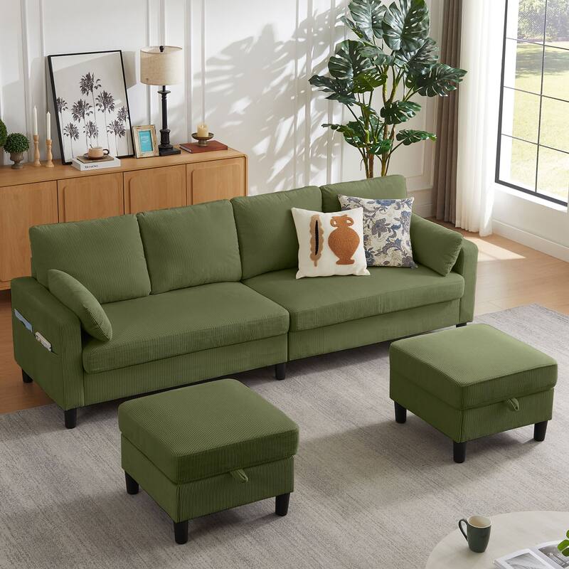 101" Corduroy U Shaped Sectional Sofa with Storage Ottoman