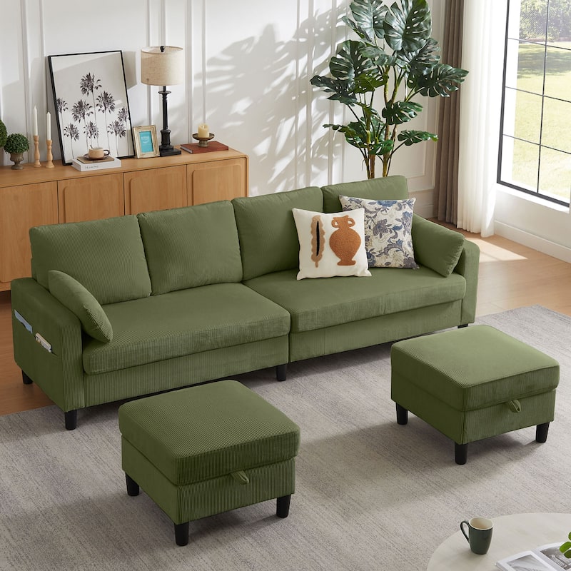 101'' Corduroy Upholstered Sectional Sofa With Storage Ottoman
