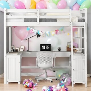 Full Loft Bed with U-shaped Desk, Drawers and Storage Shelves, White