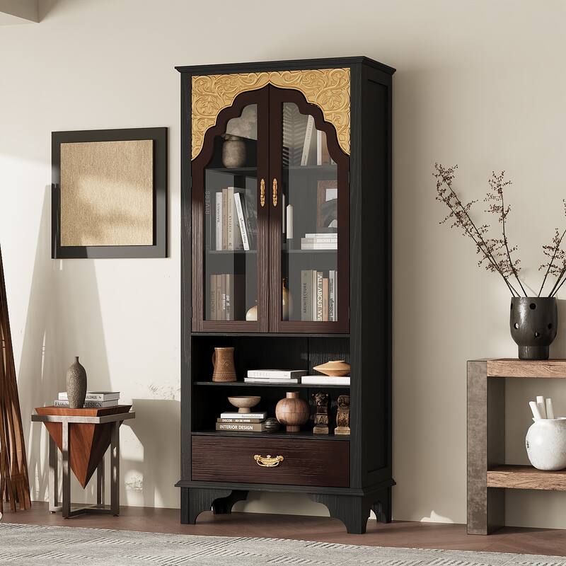 Asian Style Display Cabinet with Glass Doors Accent Curio Cabinet with Drawer Solid Wood and Tempered Glass Storage Shelf