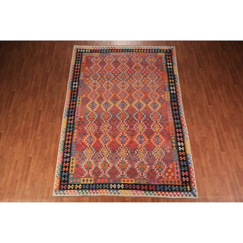 Orange Geometric Kilim Oriental Area Rug Flatweave Wool Carpet - 8'3" x 11'8"