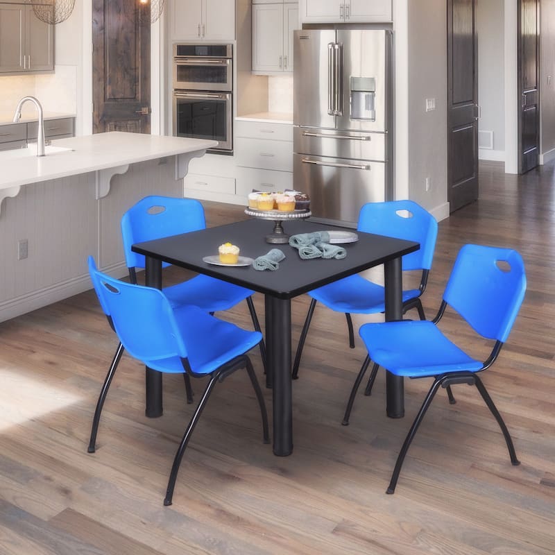48" Square Breakroom Table- Grey/ Black & 4 'M' Stack Chairs- Blue - Grey, Black, Blue - 48