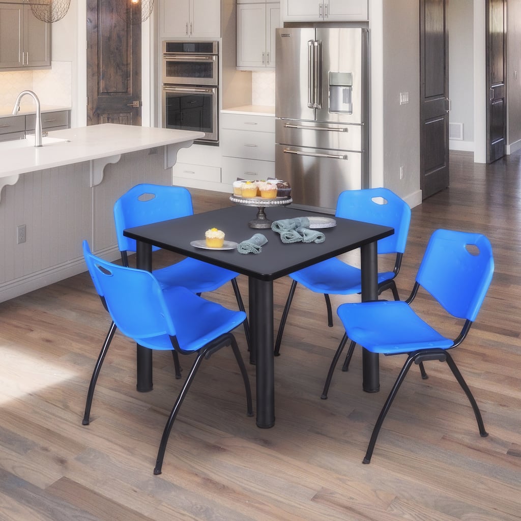 48" Square Breakroom Table- Grey/ Black & 4 'M' Stack Chairs- Blue - Grey, Black, Blue - 48