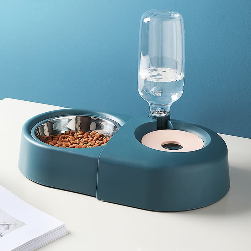 HANAMYA 2-in-1 Pet Feeder Set with Automatic Water Dispenser and Stainless Steel Bowl, for Puppy and Cat - Blue