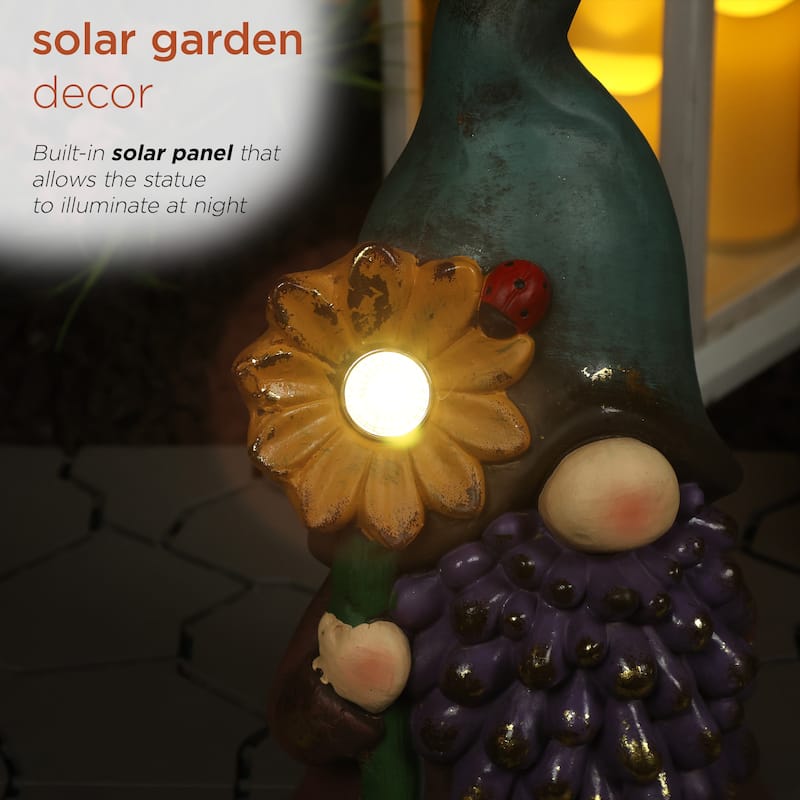 Solar Gnome Holding Flower w/ Turquoise Hat Statuary