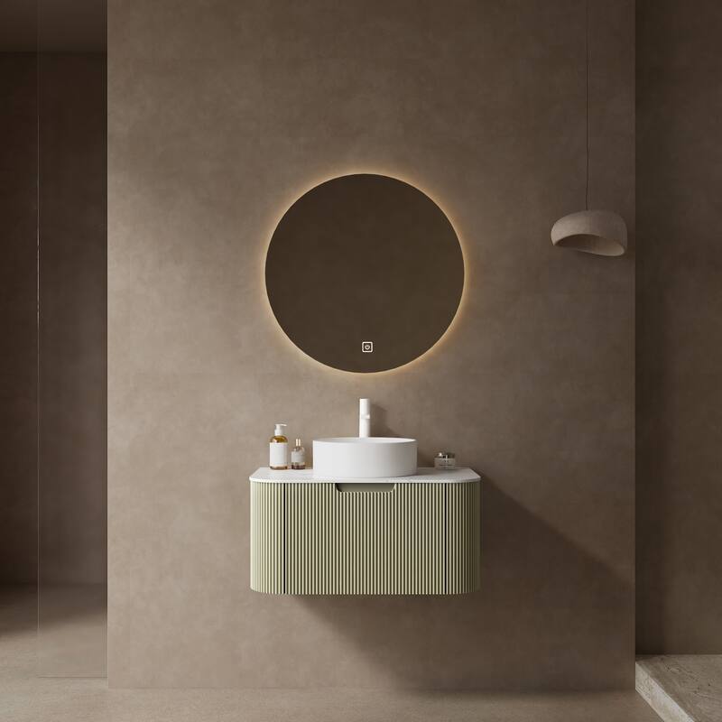 36-Inch Bathroom Vanity with Round White Ceramic Sink, Floating Wall-Mounted Storage Cabinet - 29.92in L Artificial Marble,Ceramic - 29.92in L Light Green,White