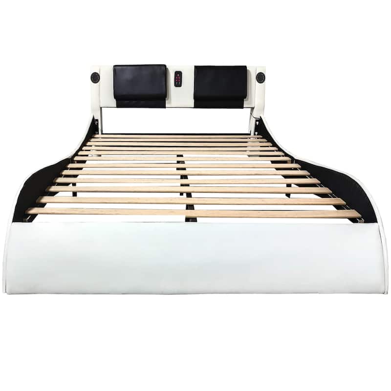 Modular King Size Bed Frame with LED Lighting, Bluetooth Music Control, Vibration Massage, USB Ports, and RGB Atmosphere Lights