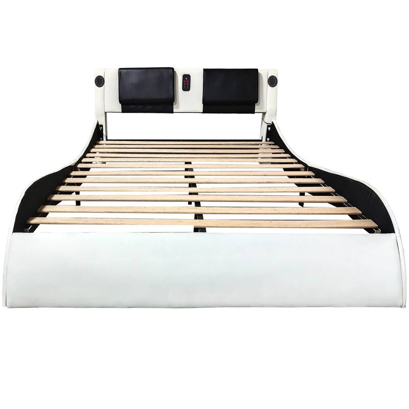 White Leather Upholstered King Platform Bed with LED Lights, Bluetooth Music, and Massage Function